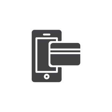 Mobil ödeme simge vektör, düz işareti, üzerinde beyaz izole katı piktogram dolu. Kredi kartı sembolü, logo illüstrasyon ile Smartphone.