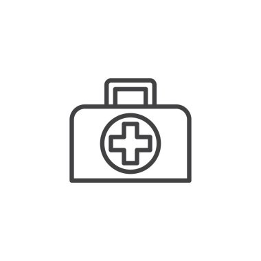 İlk yardım kiti satırı simgesi, Anahat vektör işareti üzerinde beyaz izole doğrusal stil piktogram. İlk yardım çantası sembolü, logo illüstrasyon. Düzenlenebilir kontur