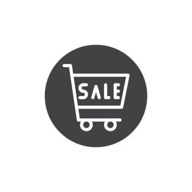 Satılık alışveriş sepeti simge vektör, düz işareti, üzerinde beyaz izole katı piktogram dolu. Arabası sembolü, logo illüstrasyon indirimli.