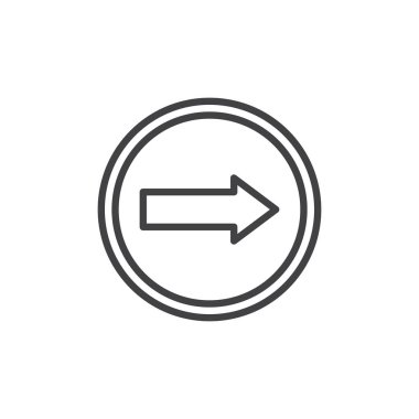 Doğru yol işareti satırı simgesi açmak, vektör işareti, anahat üzerinde beyaz izole doğrusal stil piktogram. Sağ ok sembolü, logo illüstrasyon. Düzenlenebilir kontur