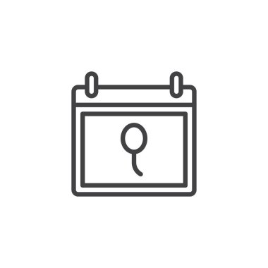 Takvim parti balon çizgi simgesiyle, vektör işareti, anahat üzerinde beyaz izole doğrusal stil piktogram. Olay sembol, logo illüstrasyon. Düzenlenebilir kontur