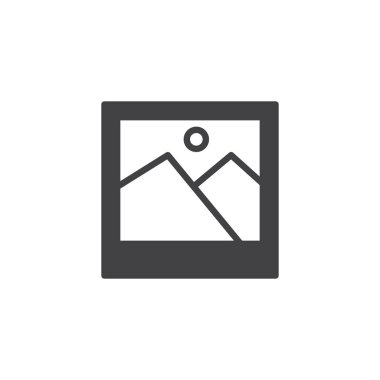 Manzara fotoğraf simge vektör, dolu düz işareti, üzerinde beyaz izole katı piktogram. Resim simge, logo illüstrasyon