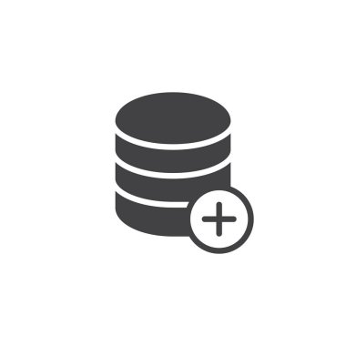 Veritabanı simge vektör, dolu düz işareti, üzerinde beyaz izole katı piktogram ekleyin. Depolama ile artı sembolü, logo illüstrasyon.