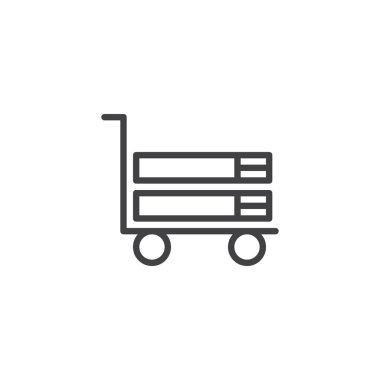 Kitap arabası sepeti satırı simgesi, vektör işareti, üzerinde beyaz izole doğrusal stil piktogram anahat. Sembol, logo illüstrasyon. Düzenlenebilir kontur