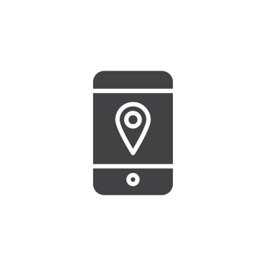 Cep telefonu ekran simge vektör, GPS iğnesi düz işareti, üzerinde beyaz izole katı piktogram dolu. Konumu PIN sembolü, logo illüstrasyon ile Smartphone.