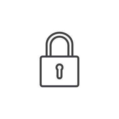 Asma kilit satırı simgesi, vektör işareti, anahat üzerinde beyaz izole doğrusal stil piktogram. Kapalı kilit simgesi, logo illüstrasyon. Düzenlenebilir kontur