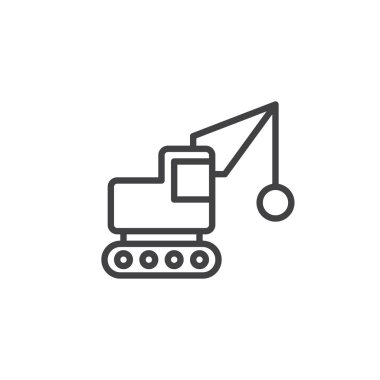 Yıkım satırı simgesi, Anahat vektör işareti üzerinde beyaz izole doğrusal stil piktogram. Yıkım topu kamyon sembol, logo illüstrasyon. Düzenlenebilir kontur