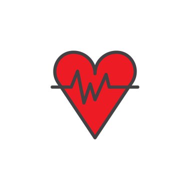 Kalp ritmi ile dalgalar doldurulmuş anahat simgesini, çizgi vektör işareti, üzerinde beyaz izole doğrusal renkli sembol. Kalp atışı sembolü, logo illüstrasyon. Piksel mükemmel vektör grafikleri