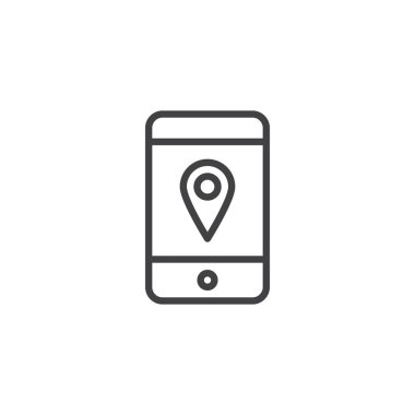 GPS cep telefonu ekran satırı simgesi üzerinde pin, vektör işareti, anahat üzerinde beyaz izole doğrusal stil piktogram. Smartphone konum PIN sembolü, logo illüstrasyon ile. Düzenlenebilir kontur