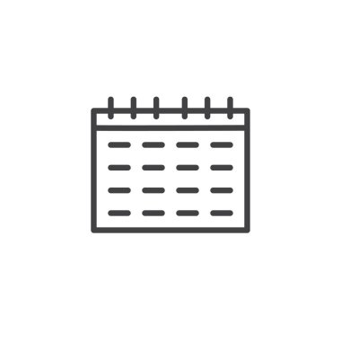 Duvar takvimi satırı simgesi, vektör işareti, anahat üzerinde beyaz izole doğrusal stil piktogram. Uyarı mektubu zamanlama sembolü, logo illüstrasyon. Düzenlenebilir kontur