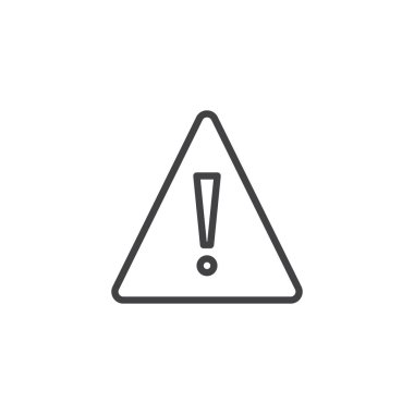 Dikkat üçgen satırı simgesi, Anahat vektör işareti üzerinde beyaz izole doğrusal stil piktogram. Ünlem tehlike işareti simgesi, logo illüstrasyon. Düzenlenebilir kontur