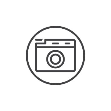 Fotoğraf kamera satırı simgesi, vektör işareti, anahat üzerinde beyaz izole doğrusal stil piktogram. Kamera simgesi, logo illüstrasyon. Düzenlenebilir kontur