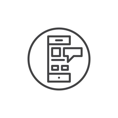 Hareket eden telefon ile sohbet hattı simgesi, Anahat vektör işareti, üzerinde beyaz izole doğrusal stil piktogram. Online alışveriş sembolü, logo illüstrasyon. Düzenlenebilir kontur