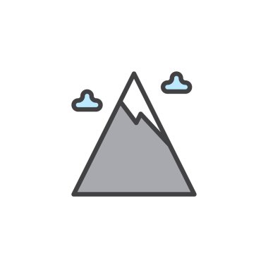 Kar dağ tepe ve kış dolu bulutlar anahat simgesini, çizgi vektör işareti, üzerinde beyaz izole doğrusal renkli sembol. Sembol, logo illüstrasyon. Piksel mükemmel vektör grafikleri