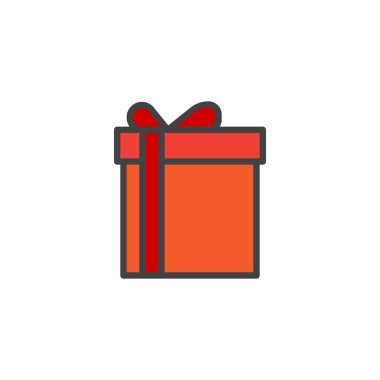 Noel hediyesi doldurulmuş anahat simgesini, çizgi vektör işareti, üzerinde beyaz izole doğrusal renkli sembol. Kutu simgesi, logo resim mevcut. Piksel mükemmel vektör grafikleri