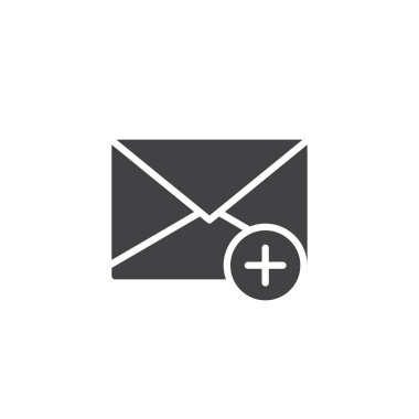 İleti simge vektör, dolu düz işareti, üzerinde beyaz izole katı piktogram ekleyin. Zarf ile artı sembolü, logo illüstrasyon.