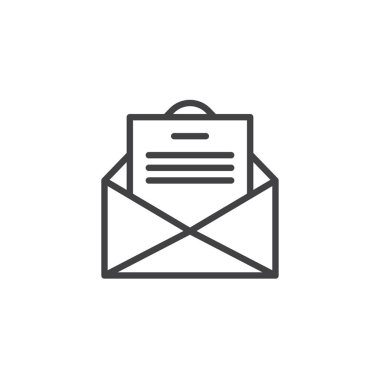 Zarf e-posta ile posta kartı kart mektubu satırı simgesi, Anahat vektör işareti, üzerinde beyaz izole doğrusal stil piktogram. Açık ileti simgesi, logo illüstrasyon. Düzenlenebilir kontur