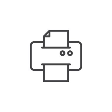 Yazıcı yazdırma belgeyi kağıt satırı simgesi, Anahat vektör işareti üzerinde beyaz izole doğrusal stil piktogram. Sembol, logo illüstrasyon. Düzenlenebilir kontur