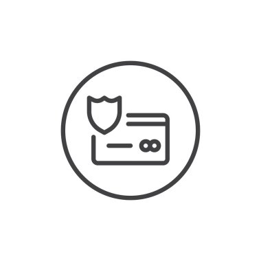 Koruma kredi kartı satırı simgesi, Anahat vektör işareti üzerinde beyaz izole doğrusal stil piktogram. Güvenli ödeme sembolü, logo illüstrasyon. Düzenlenebilir kontur