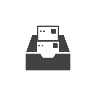 Gelen kutusu klasörü dosyaları simge vektör ile düz işareti, üzerinde beyaz izole katı piktogram dolu. Aç kutusuna logo illüstrasyon belgeleri simgesiyle.