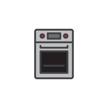 Fırın doldurulmuş anahat simgesini, çizgi vektör işareti, üzerinde beyaz izole doğrusal renkli sembol. Mutfak soba sembolü, logo illüstrasyon. Piksel mükemmel vektör grafikleri