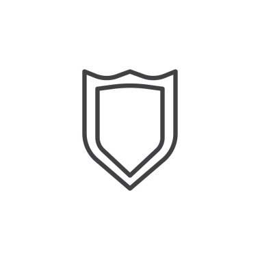 Güvenlik kalkan satırı simgesi, Anahat vektör işareti üzerinde beyaz izole doğrusal stil piktogram. Koruma sembol, logo illüstrasyon. Düzenlenebilir kontur