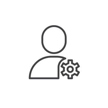 Hesap ayarları simgesi, satır Anahat vektör işareti, üzerinde beyaz izole doğrusal stil piktogram. Dişli çark simgesi, logo resimde olan kullanıcı. Düzenlenebilir kontur