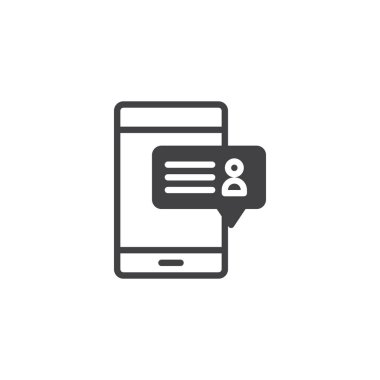 Cep telefonu ile mesaj simge vektör, düz işareti, üzerinde beyaz izole katı piktogram dolu. Online Kullanıcı diyalog sembolü, logo illüstrasyon.
