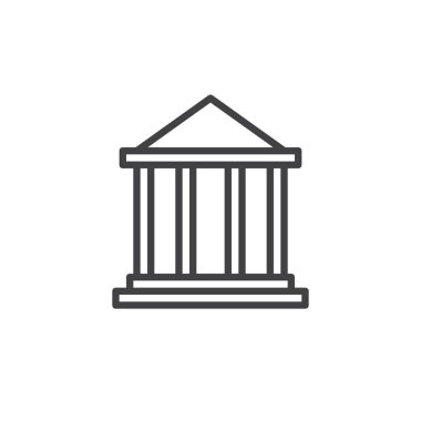 Satırı simgesi, bina banka Anahat vektör işareti, üzerinde beyaz izole doğrusal stil piktogram. Adliye sembolü, logo illüstrasyon. Düzenlenebilir kontur