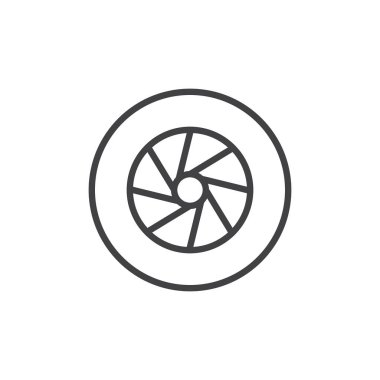 Kamera fotoğraf lens çekim satırı simgesi, Anahat vektör işareti üzerinde beyaz izole doğrusal stil piktogram. Diyafram sembolü, logo illüstrasyon. Düzenlenebilir kontur