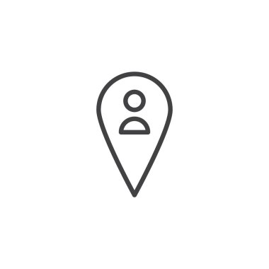 İşaretçi kişi satırı simgesi ile harita, vektör işareti, anahat üzerinde beyaz izole doğrusal stil piktogram. Adam yerde PIN sembolü, logo illüstrasyon. Düzenlenebilir kontur