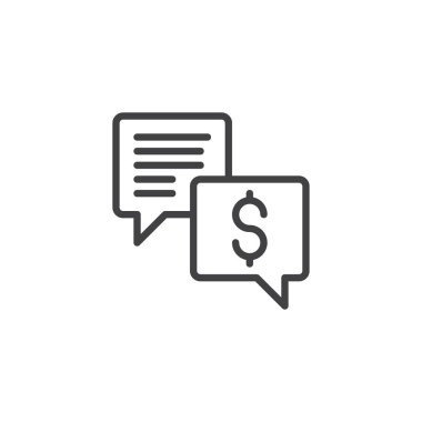 İş sohbet diyalog satırı simgesi, Anahat vektör işareti üzerinde beyaz izole doğrusal stil piktogram. Doları para ileti simgesi, logo illüstrasyon. Düzenlenebilir kontur