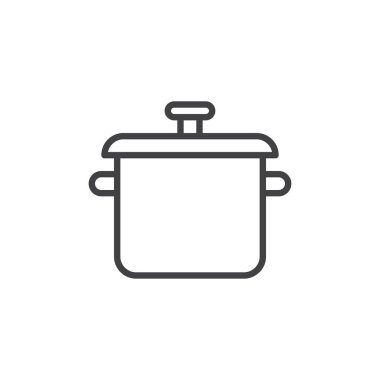 Pot satırı simgesi, pişirme Anahat vektör işareti, üzerinde beyaz izole doğrusal stil piktogram. Pan sembolü, logo illüstrasyon. Düzenlenebilir kontur