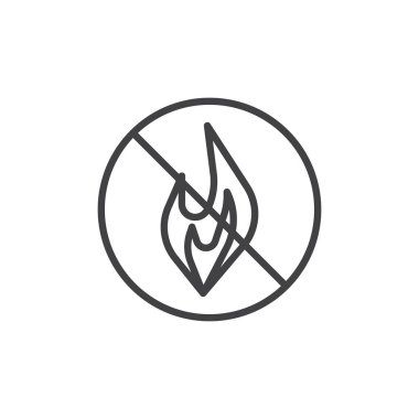 Yok yangın satırı simgesi Anahat vektör işareti, üzerinde beyaz izole doğrusal stil piktogram. Hiçbir açık alev sembolü, logo illüstrasyon. Düzenlenebilir kontur