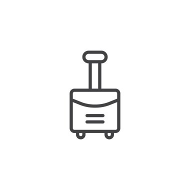 Seyahat bavul tekerlekleri satırı simgesi ile vektör işareti, anahat üzerinde beyaz izole doğrusal stil piktogram. Sembol, logo illüstrasyon. Düzenlenebilir kontur