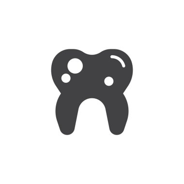 Diş çürüğü simgesi olan vektör, dolu düz işareti, üzerinde beyaz izole katı piktogram. Hasar diş sembolü, logo illüstrasyon.