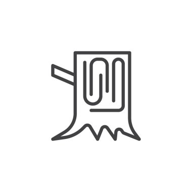 Ahşap ağaç güdük satırı simgesi, Anahat vektör işareti üzerinde beyaz izole doğrusal stil piktogram. Sembol, logo illüstrasyon. Düzenlenebilir kontur