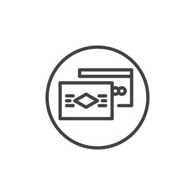 Banka ve kredi kartı satırı simgesi, vektör işareti, üzerinde beyaz izole doğrusal stil piktogram anahat. Ödeme yöntemi sembolü, logo illüstrasyon. Düzenlenebilir kontur