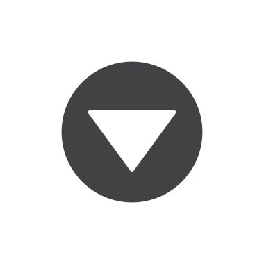 Ok üçgen simge vektör, aşağı düz işareti, üzerinde beyaz izole katı piktogram dolu. Ok veya güney yönlü sembol, logo illüstrasyon.