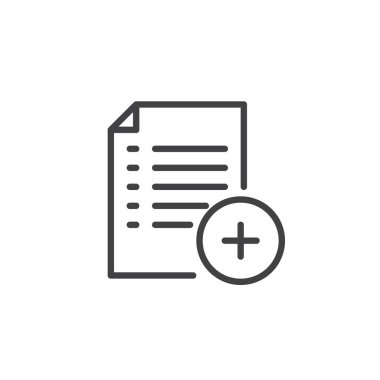 Liste satırı simgesi eklemek için vektör işareti, anahat üzerinde beyaz izole doğrusal stil piktogram. Belge ile artı sembolü, logo illüstrasyon. Düzenlenebilir kontur