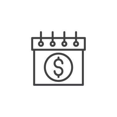 Doları takvim gün satırı simgesi, Anahat vektör işareti üzerinde beyaz izole doğrusal stil piktogram. Ödeme gün hatırlatma sembolü, logo illüstrasyon. Düzenlenebilir kontur