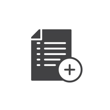 Liste simge vektör, dolu düz işareti, üzerinde beyaz izole katı piktogram ekleyin. Belge ile artı sembolü, logo illüstrasyon.