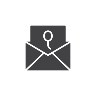 Davetiye kartı simge vektör, düz işareti, üzerinde beyaz izole katı piktogram dolu. Zarf bir parti kartı simgesiyle logo illüstrasyon