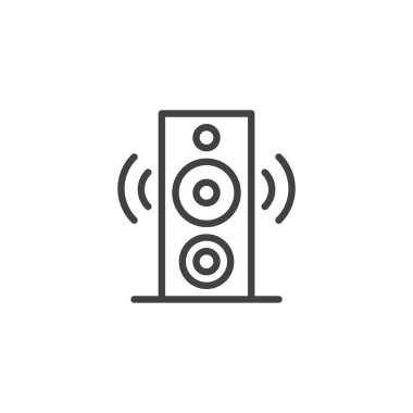 Hoparlör satırı simgesi, Anahat vektör işareti üzerinde beyaz izole doğrusal stil piktogram. Ses sistemi sembol, logo illüstrasyon. Düzenlenebilir kontur