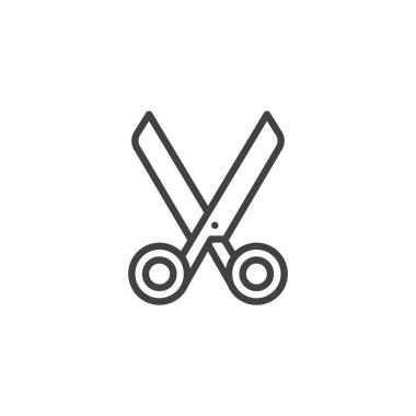 Makas satırı simgesi, Anahat vektör işareti üzerinde beyaz izole doğrusal stil piktogram. Sembol, logo illüstrasyon kesti. Düzenlenebilir kontur