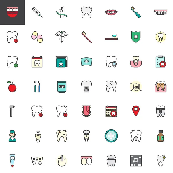 Conjunto Iconos Contorno Lleno Dientes Dentista Colección Símbolos Vectores Línea — Vector de stock