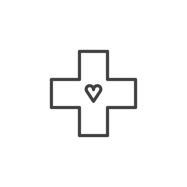 Croix Médicale Avec Icône Ligne Coeur Signe Vectoriel Contour Pictogramme — Image vectorielle