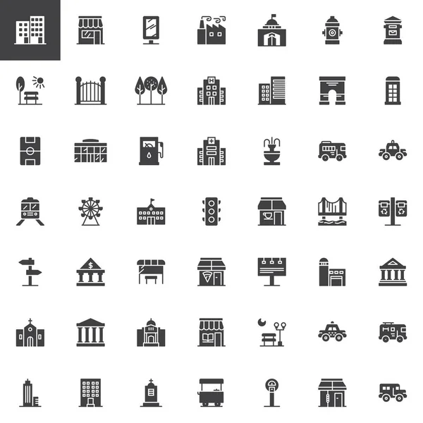 Prédios Cidade Conjunto Ícones Vetoriais Transporte Coleção Símbolos Sólidos Modernos — Vetor de Stock
