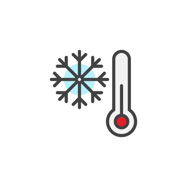 温度計とスノーフレーク概要アイコン 行ベクトル記号 白で隔離線形のカラフルな絵文字をいっぱい 寒い冬の天気記号 ロゴの図です ピクセル完璧なベクトル グラフィック — ストックベクタ