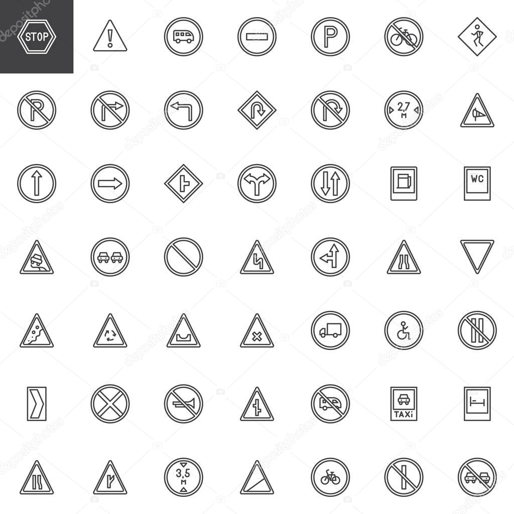 Road signs line icons set, outline vector symbol collection, linear style pictogram pack. Signs, logo illustration. Set includes icons as warning, priority, parking, disability, traffic